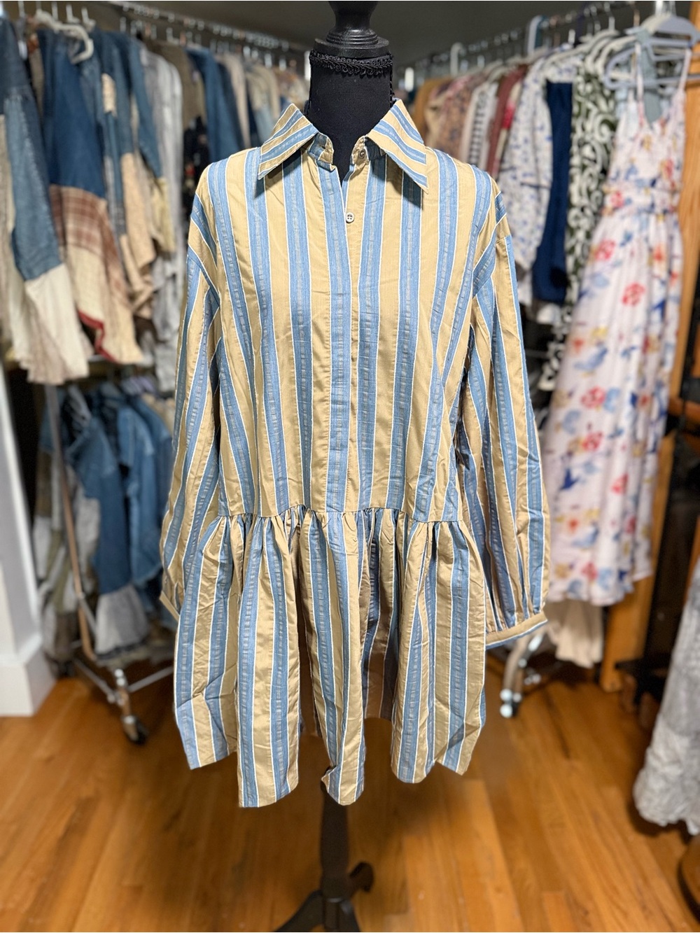 MEET ME IN SANTORINI Striped Babydoll Shirt Mini Dress Blue Tan NWT